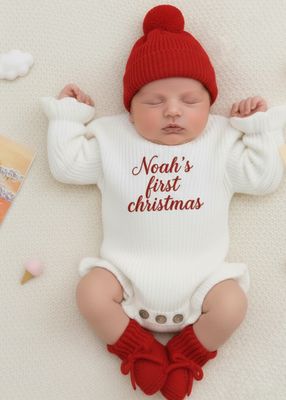 Baby boy Christmas knitted romper with hat and booties