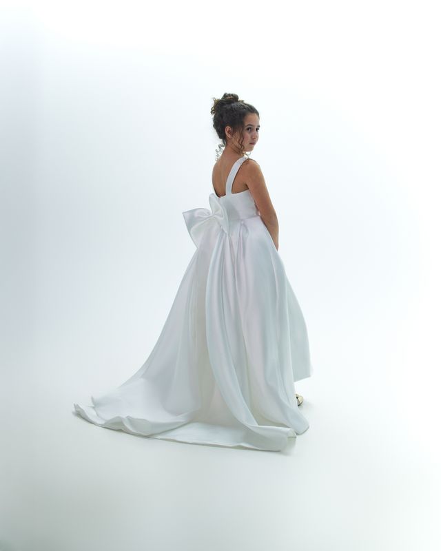 RAYNA'S MIKADO FLOWER GIRL DRESS ( WHITE- TAIL LENGTH)
