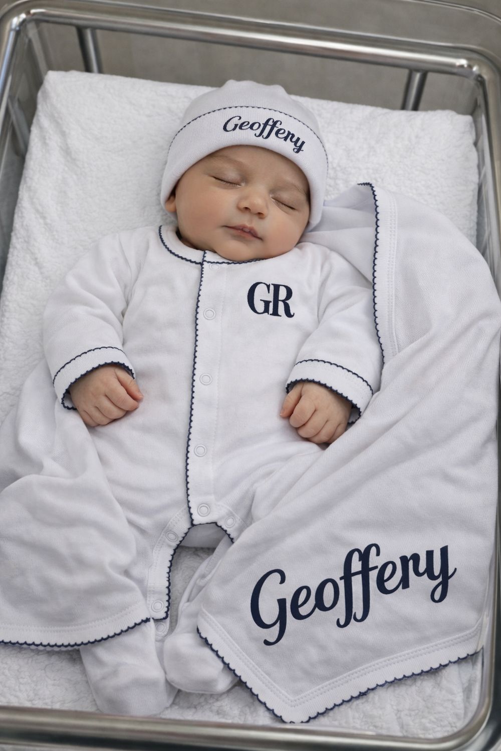 White and Navy Personalized Coming Home Set