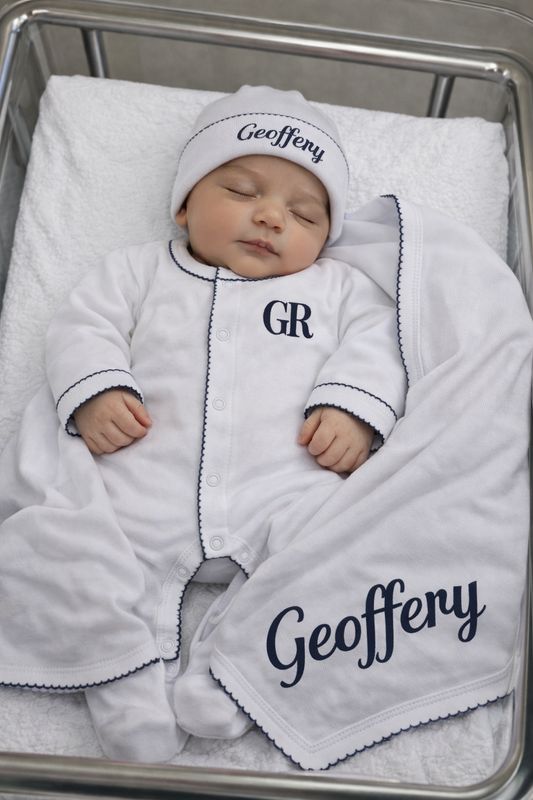 White and Navy Personalized Coming Home Set
