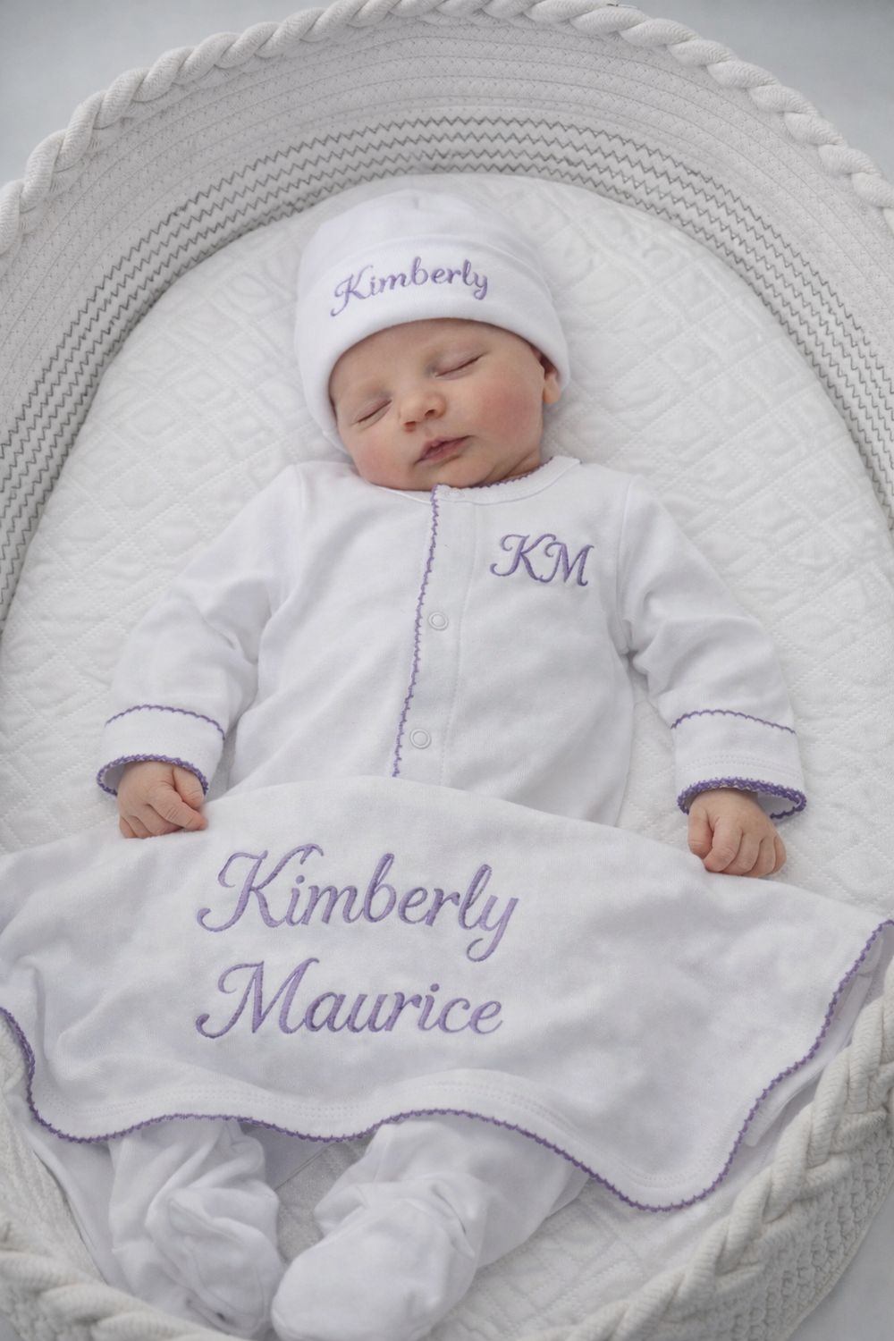 White and Lavendar Personalized Coming Home Set