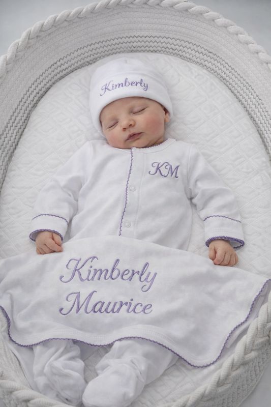 White and Lavendar Personalized Coming Home Set