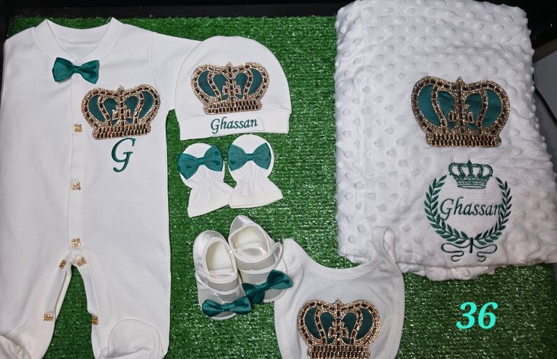 BABY BOY WHITE AND GREEN CLOTHING AND BLANKET SET