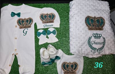 BABY BOY WHITE AND GREEN CLOTHING AND BLANKET SET