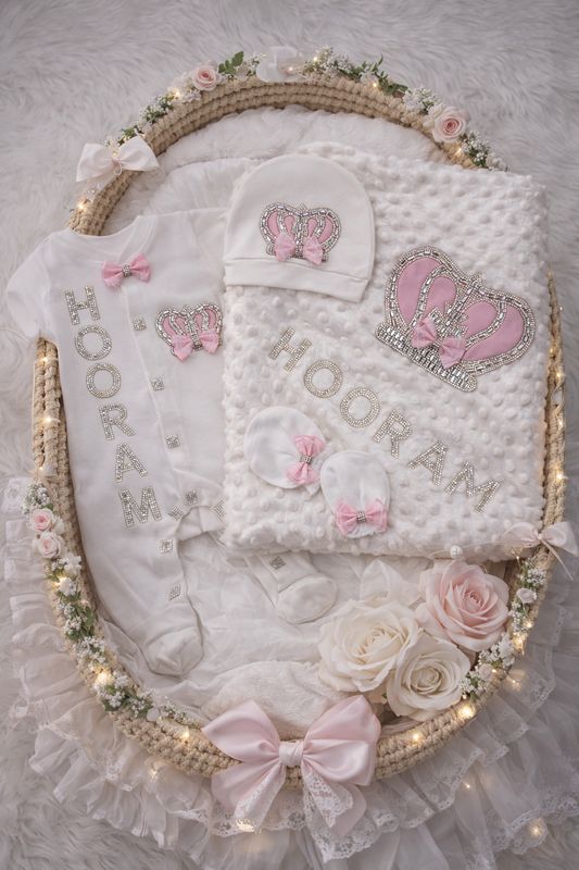 6PCS CUSTOMIZED WHITE AND PINK BABY GIRL CLOTHING WITH BLANKET SET