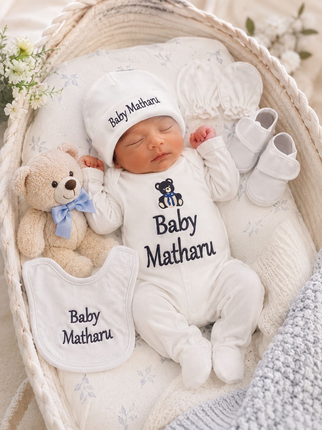 Newborn welcome cotton name and teddy set