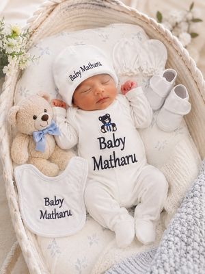 Newborn welcome cotton name and teddy set