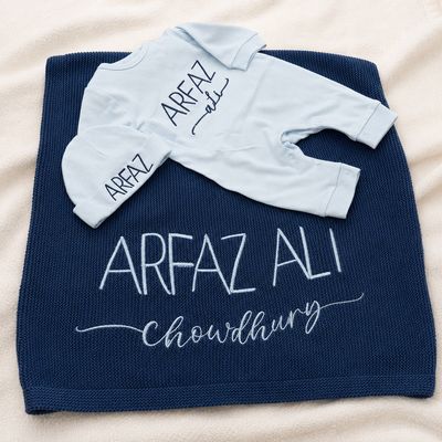 Personalized navy and powder-blue newborn set