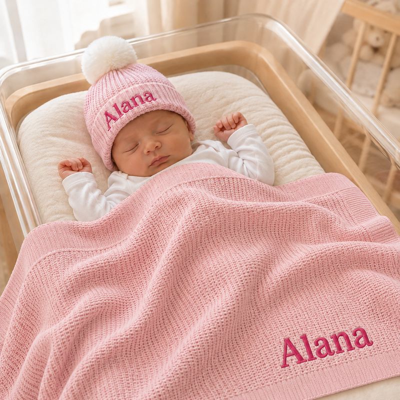 Personalized knitted blanket and hat