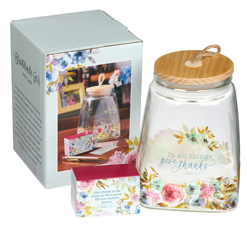 Give Thanks Pink Ranunculus Glass Gratitude Jar with Cards - 1 Thessalonians 5:18