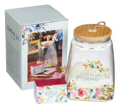 Give Thanks Pink Ranunculus Glass Gratitude Jar with Cards - 1 Thessalonians 5:18