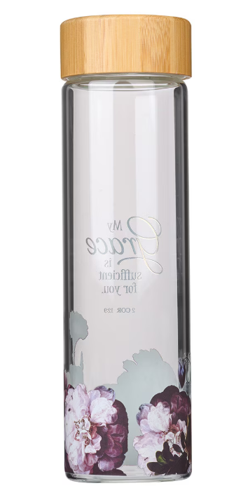 My Grace is Sufficient Glass Water Bottle with Bamboo Lid and Sleeve - 2 Corinthians 12:9