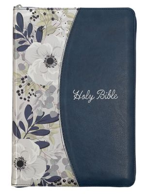 Blue Pearlized Floral Faux Leather Large Print Thinline K J V Bible with Zippered Closure and Thumb Index