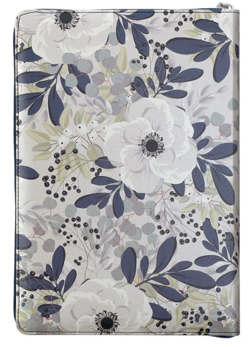 Blue Pearlized Floral Faux Leather Large Print Thinline K J V Bible with Zippered Closure and Thumb Index