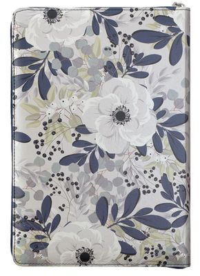 Blue Pearlized Floral Faux Leather Large Print Thinline K J V Bible with Zippered Closure and Thumb Index