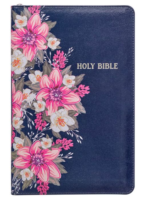 Floral Blue Faux Leather King James Version Deluxe Gift Bible with Thumb Index and Zippered Closure