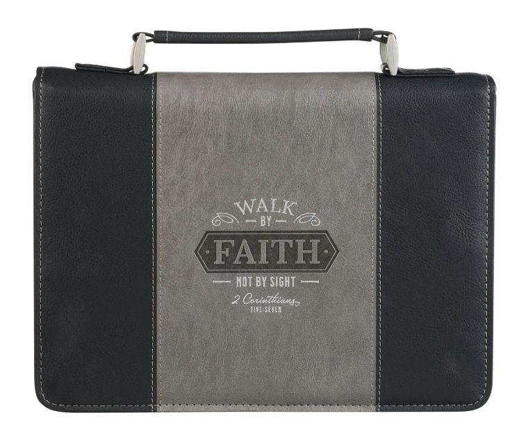 Walk by Faith Black and Gray Faux Leather Classic Bible Cover - 2 Corinthians 5:7