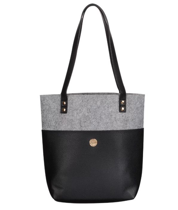 Love Never Fails Two-tone Black and Heather Gray Felt Fashion Bible Tote Bag - 1 Corinthians 13:8