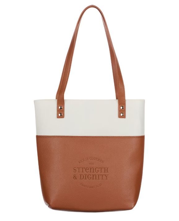 Strength &amp; Dignity Two-tone Toffee and Cream Felt Fashion Bible Tote Bag - Proverbs 31:25
