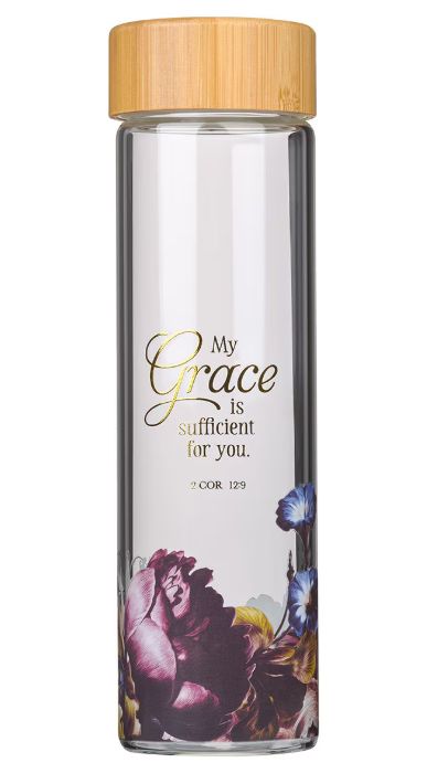 My Grace is Sufficient Glass Water Bottle with Bamboo Lid and Sleeve - 2 Corinthians 12:9