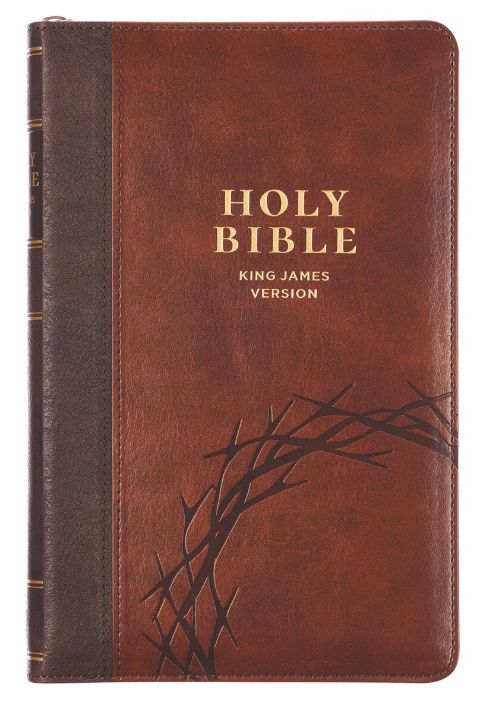 Crown of Thorns Two-tone Brown Faux Leather King James Version Deluxe Gift Bible with Thumb Index and Zipper Closure