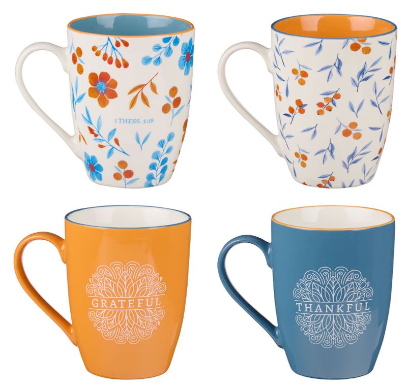 Give Thanks Blue and Orange Ceramic Mug Set - 1 Thessalonians 5:18