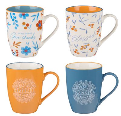 Give Thanks Blue and Orange Ceramic Mug Set - 1 Thessalonians 5:18