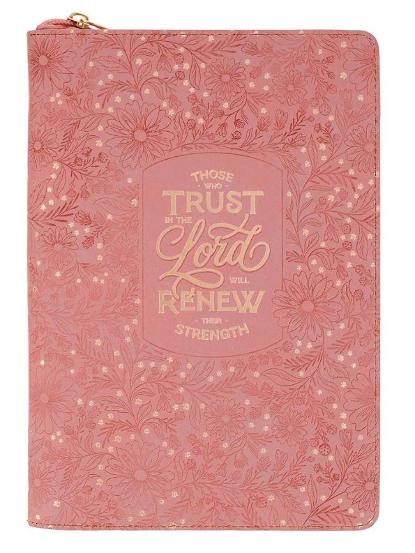 Trust Pink Floral Faux leather Classic Journal with Zipper Closure - Isaiah 40:31