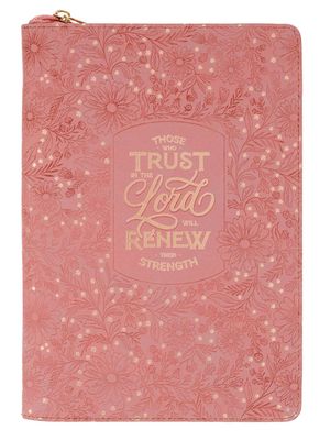 Trust Pink Floral Faux leather Classic Journal with Zipper Closure - Isaiah 40:31