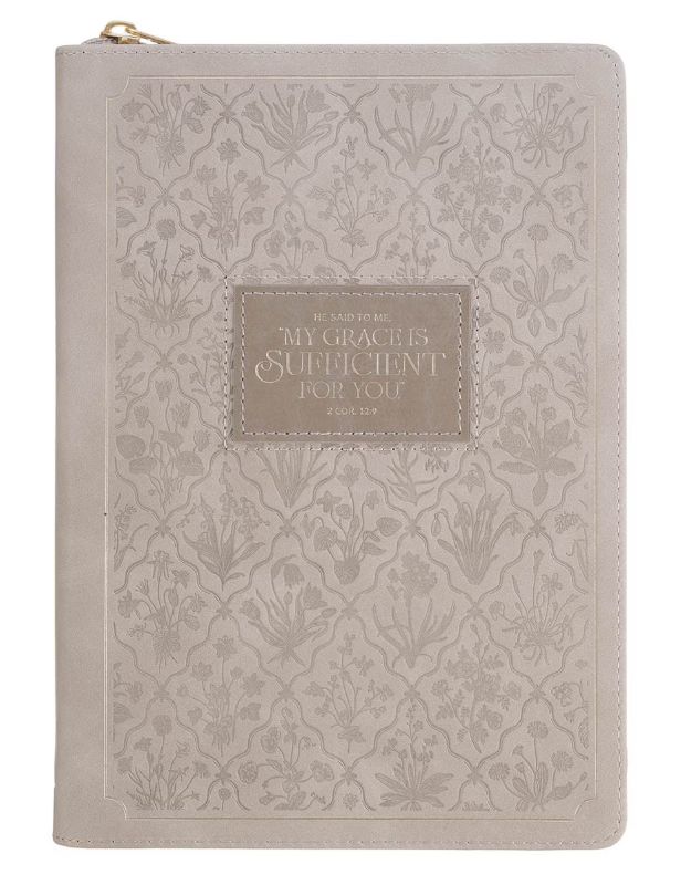 Sufficient Grace Taupe Faux Leather Classic Journal with Zipper Closure - 2 Cor 12:9