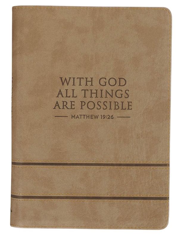 With God All Things Are Possible Tan Faux Leather Journal with Zipper Closure - Matthew 19:26