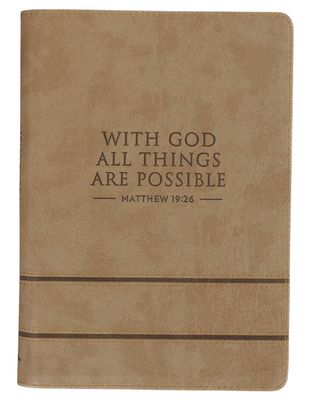 With God All Things Are Possible Tan Faux Leather Journal with Zipper Closure - Matthew 19:26