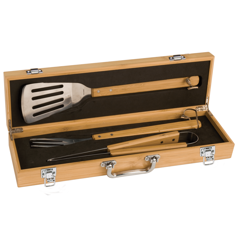 3-Piece Bamboo Barbecue Set with Case