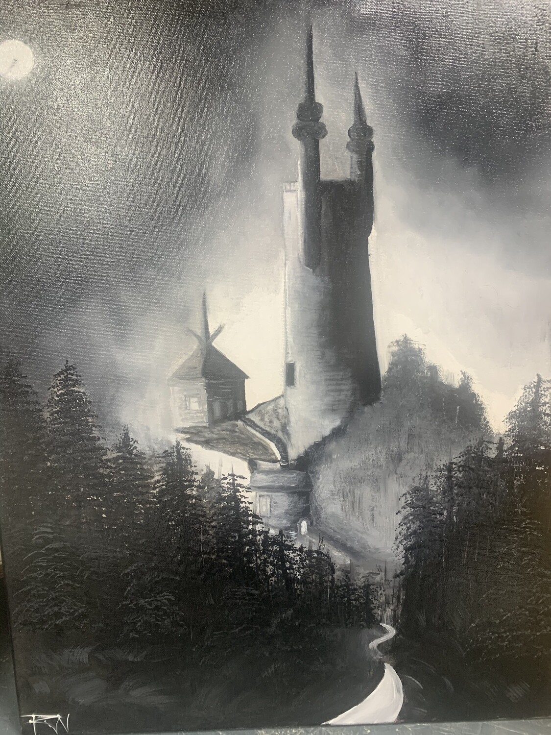 Mid evil castle (oil painting) 16x20 canvas black grey decor