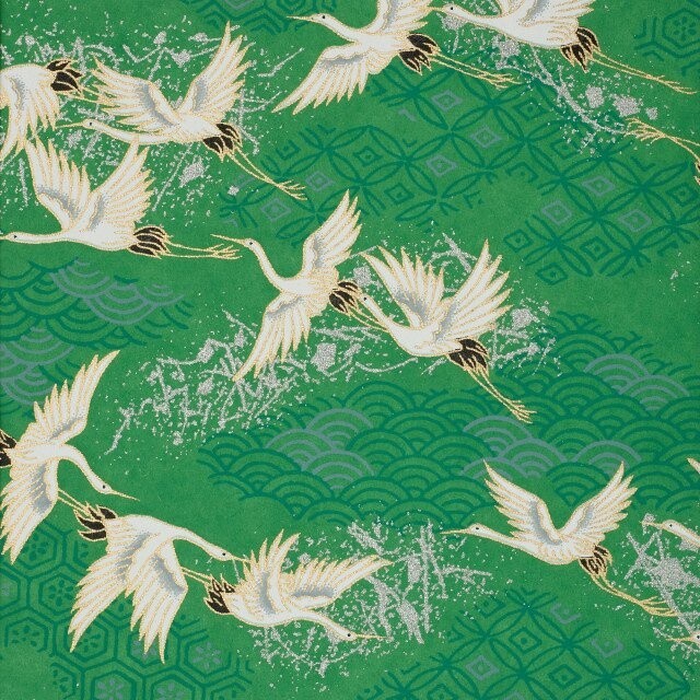 GW Esmie Silk Screen Wrap - Half Sheet Silver cranes/green (12)