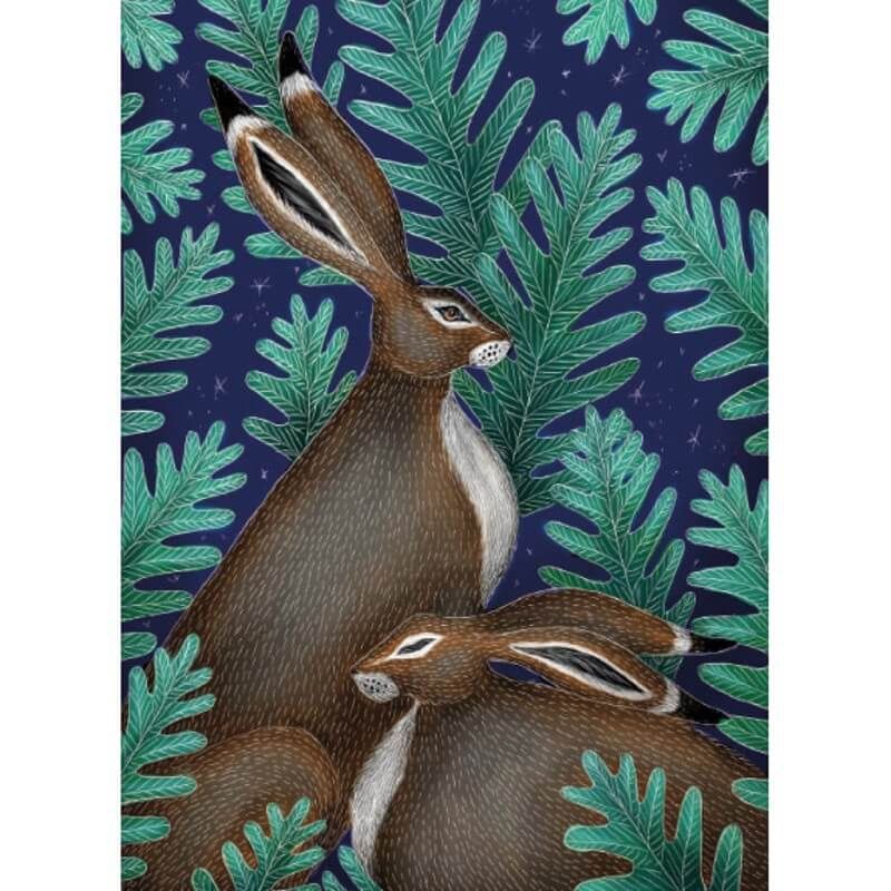 Two Hares in Ferns Greetings Card (Pack 8)