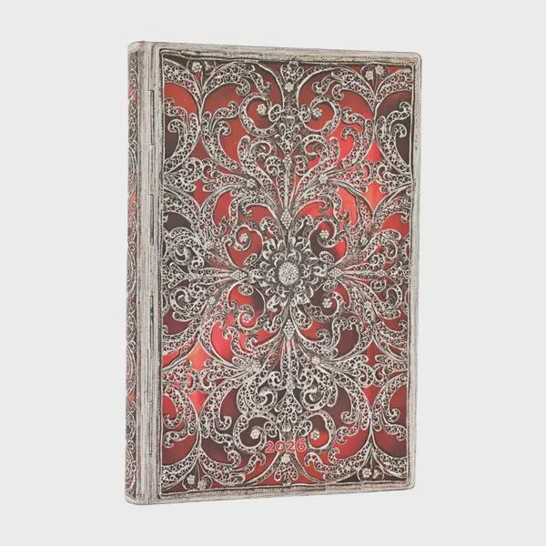 DI 2026 Garnet (Silver Filigree Collection) Mini 12-month Horizontal Softcover Flexi Dayplanner 2026 (Elastic Band Closure) Flexiback
