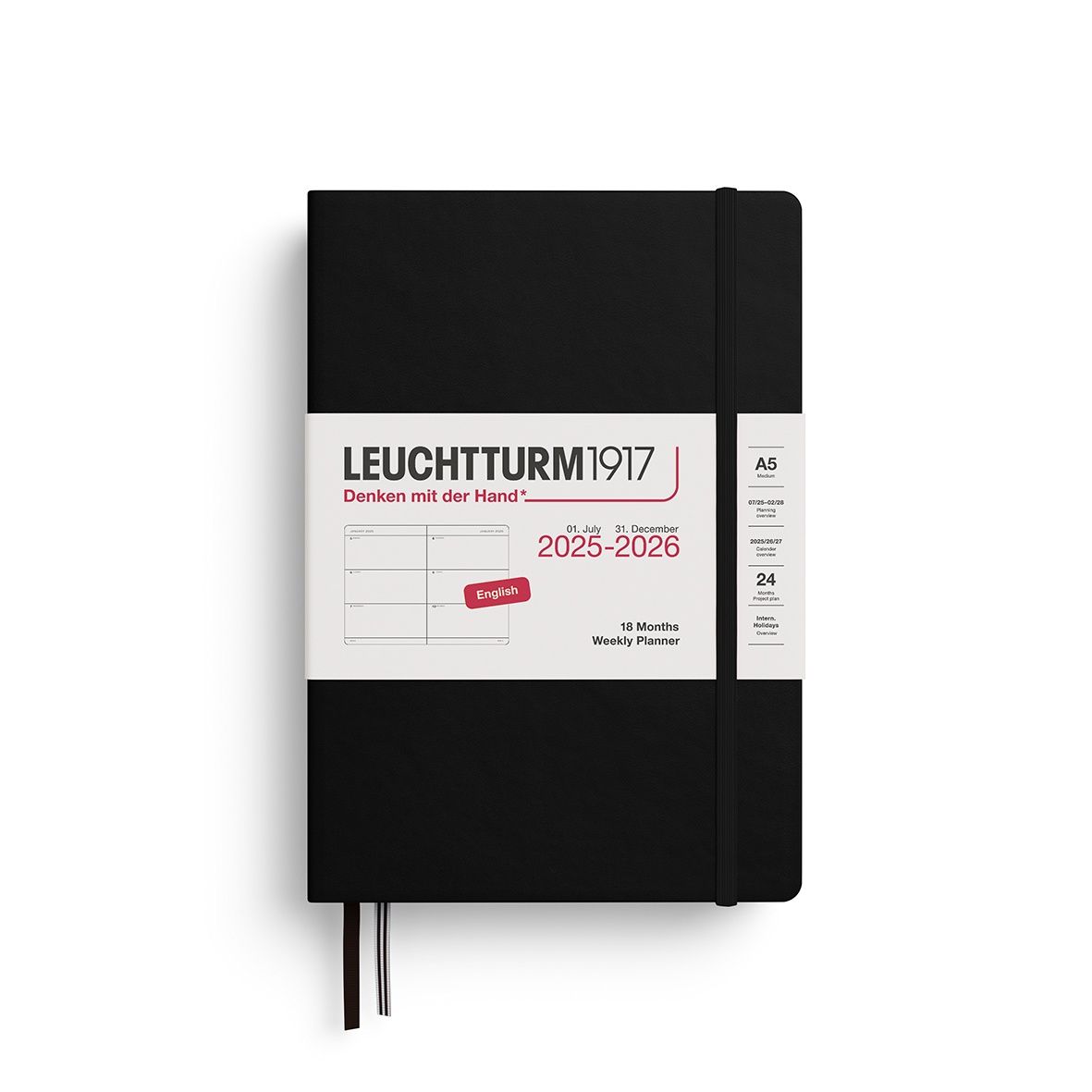 XDI Leuchtturm 2025/26 18m Diaries, COLOUR: Black, Size: A5, TYPE: Weekly Planner &amp; Notebook