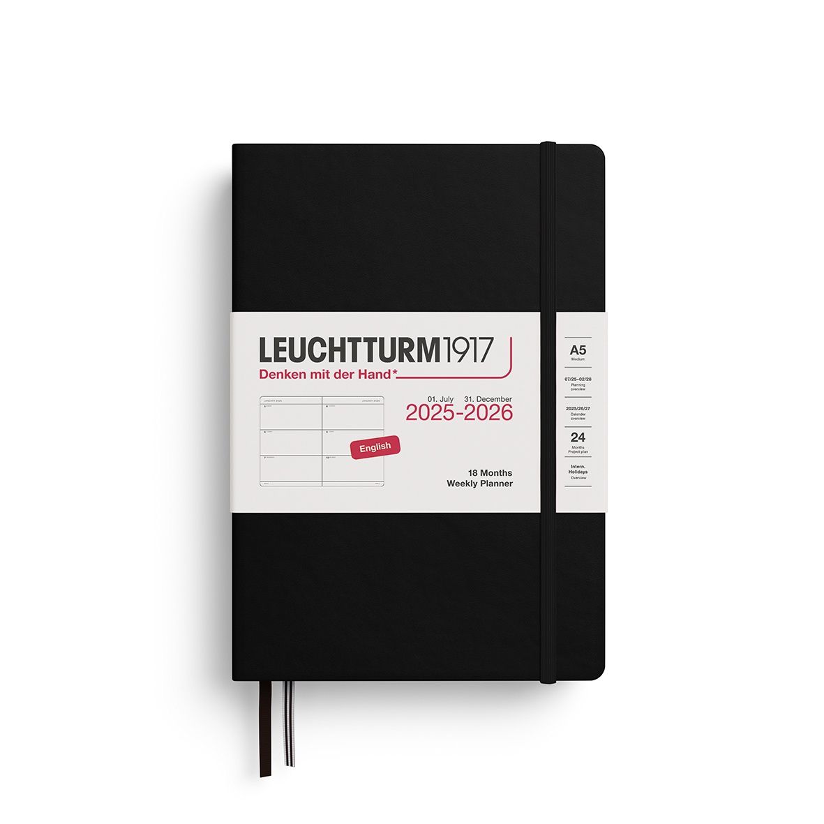 XDI Leuchtturm 2025/26 18m Diaries, COLOUR: Black, Size: A5, TYPE: Weekly Planner &amp; Notebook