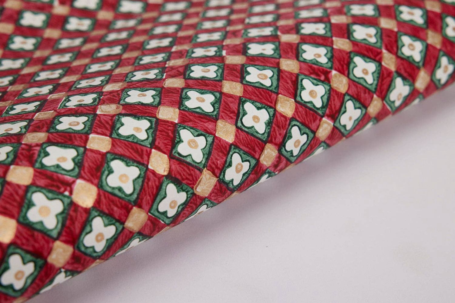 Block Printed Wrapping Paper Sheets - Floral Checks Scarlet