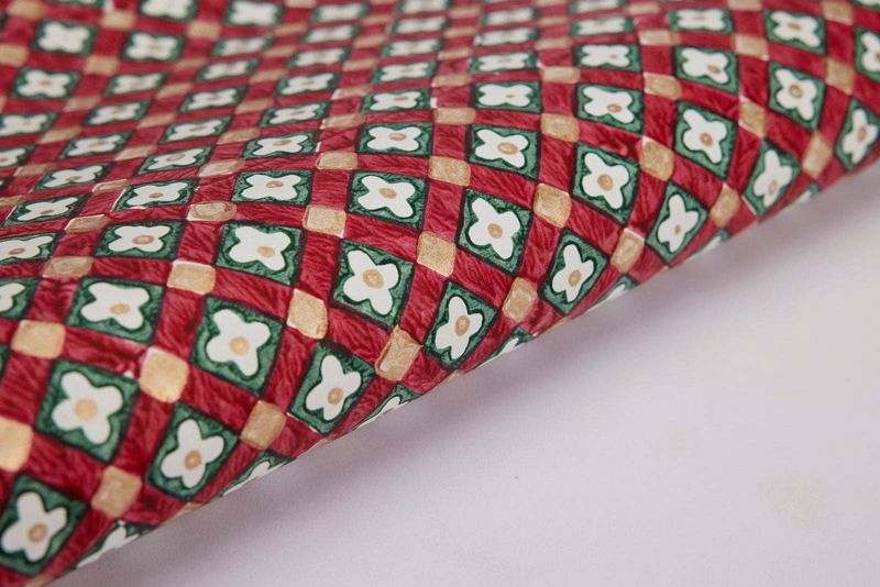 Block Printed Wrapping Paper Sheets - Floral Checks Scarlet
