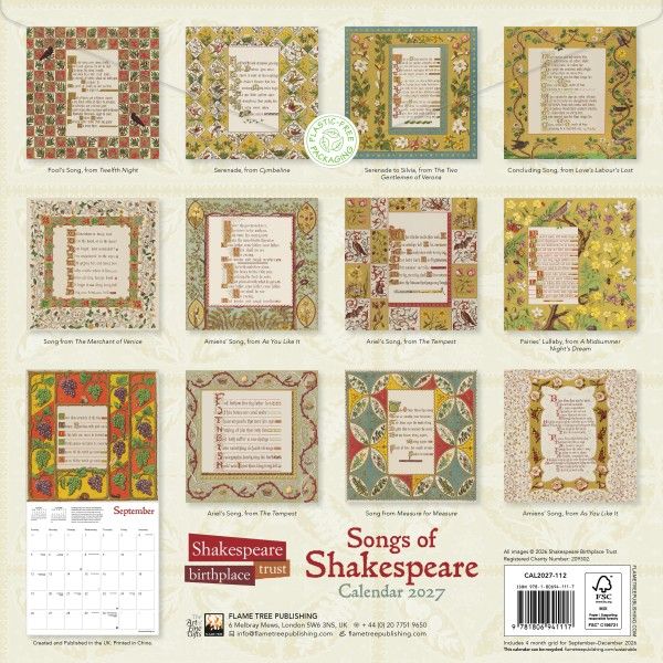 CA 2027 Shakespeare Birthplace Trust: Songs of Shakespeare Wall Calendar 2027 (Art Calendar)