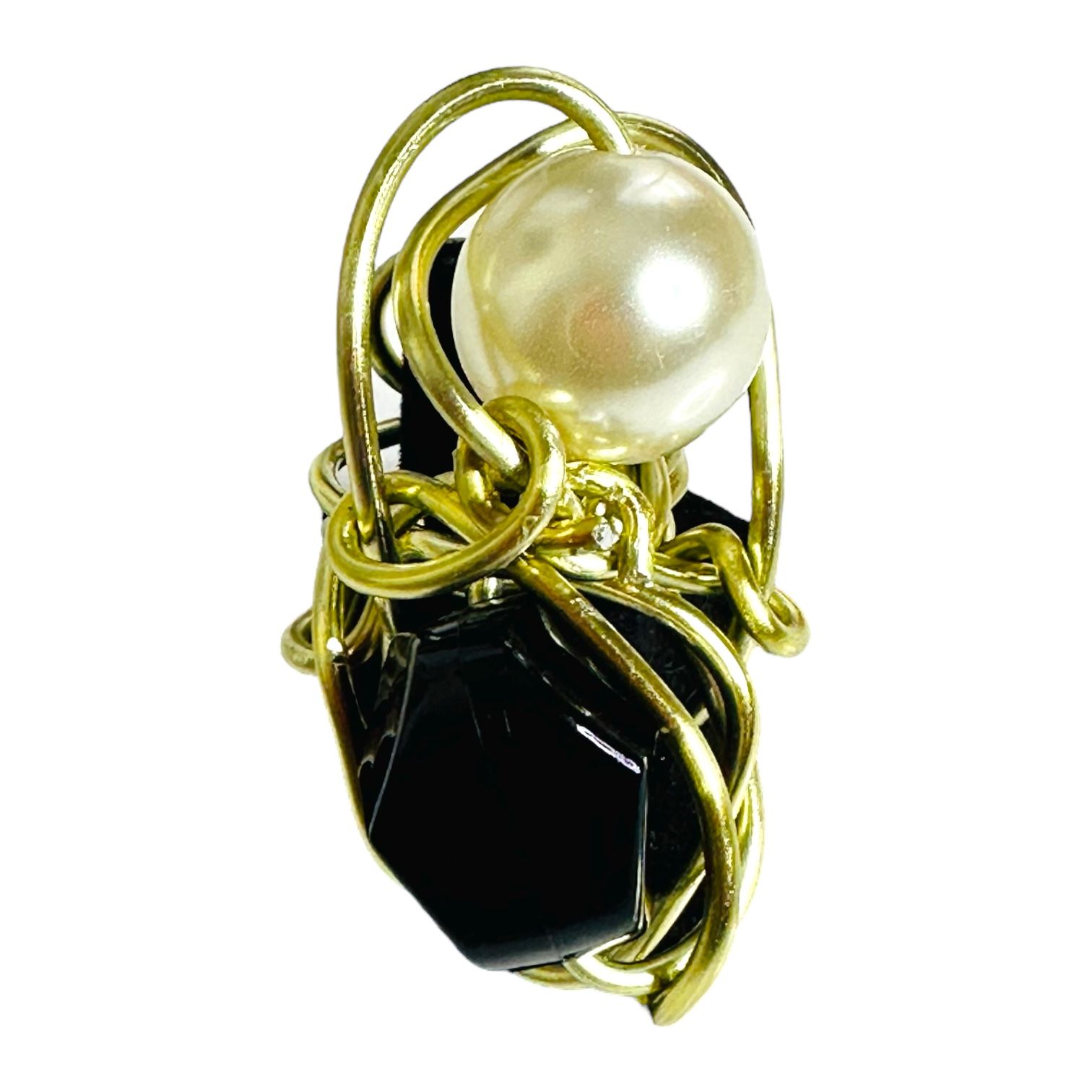 Twisted Gold Pearl n Black Ring