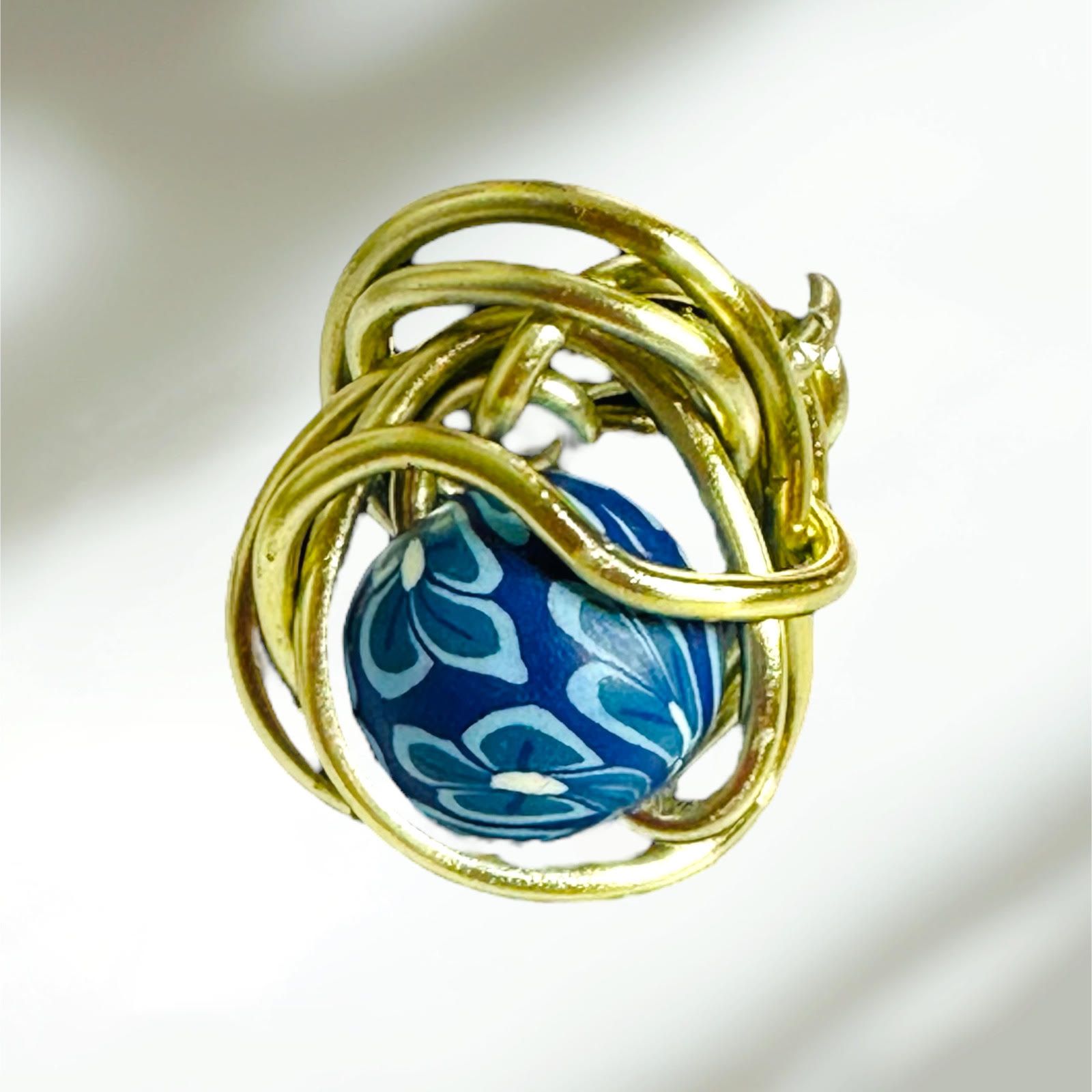 Twisted Gold Blue Floral Ring