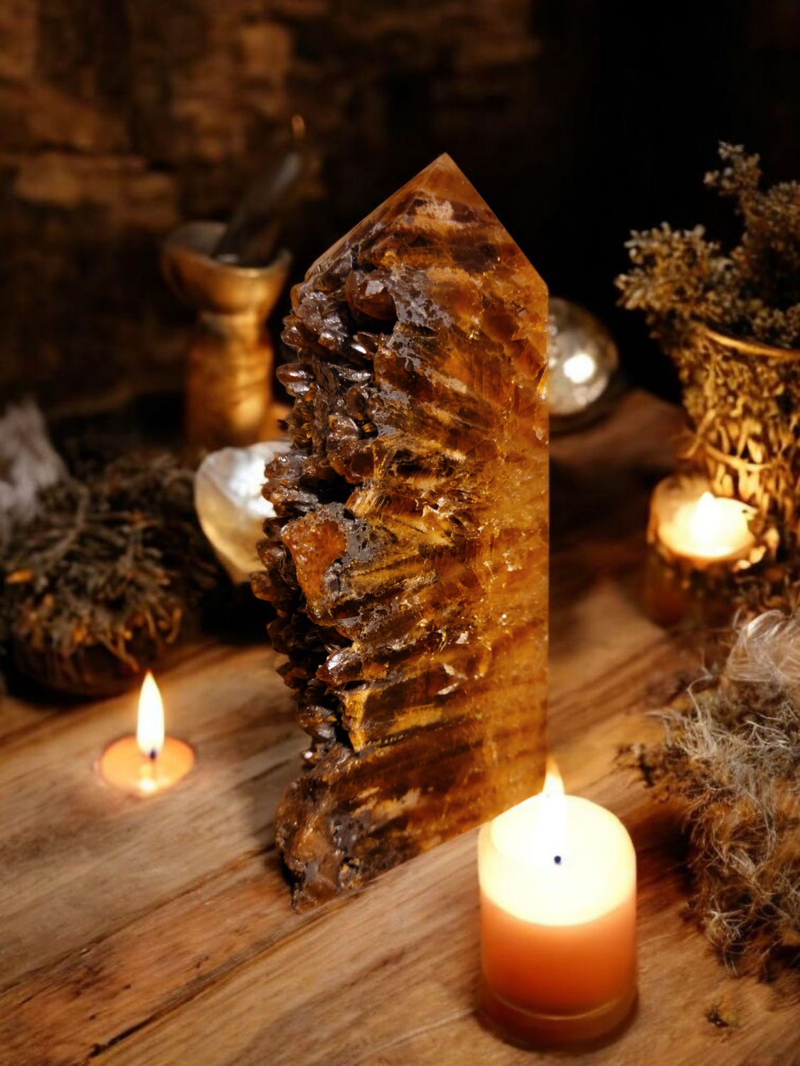 Amber Calcite Druzy Tower