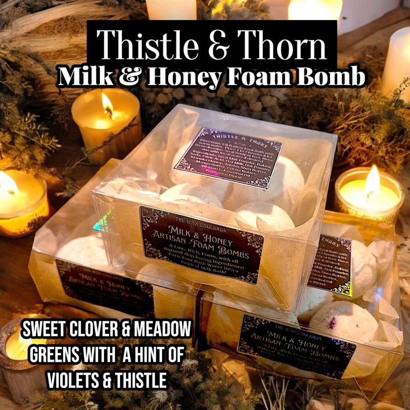 Milk &amp; Honey Foaming Bath Bombs in Thistle and Thorn