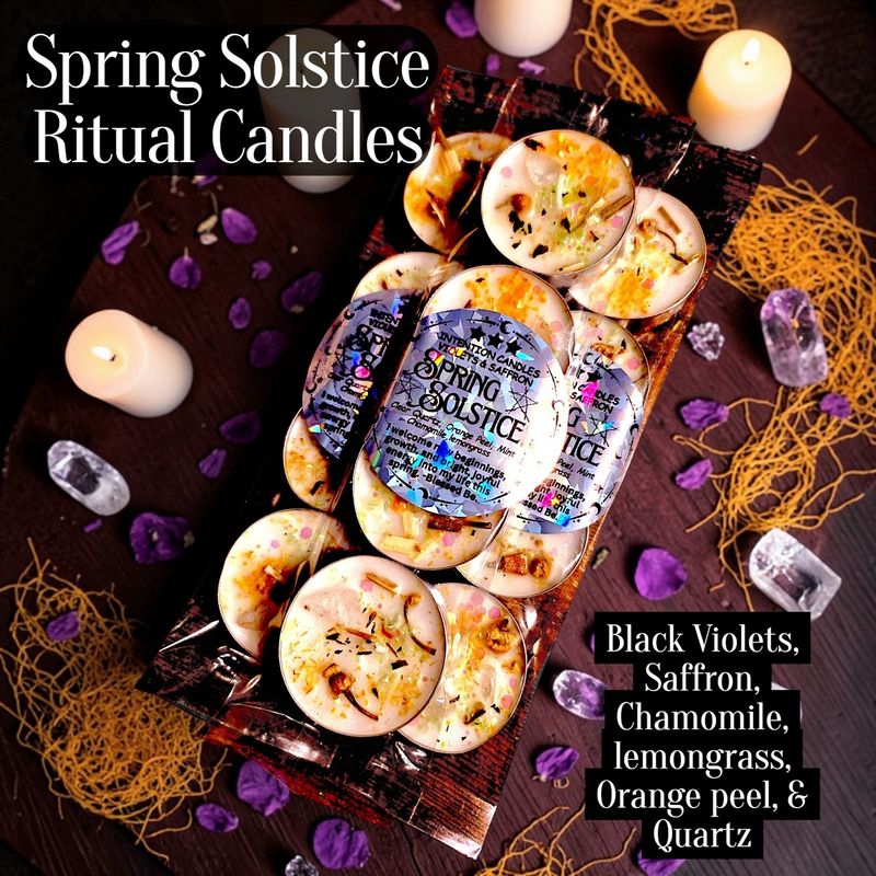 Spring Solstice Ritual Tea Light candles, Ostara, Quartz, black violet, s