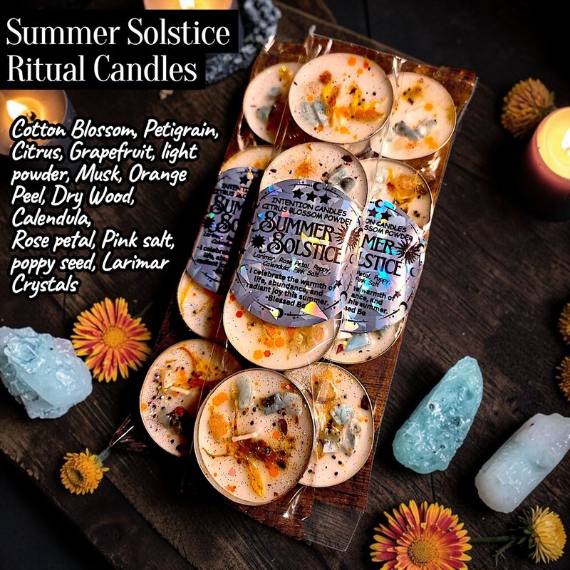 Summer Solstice Ritual Tea Light candles in a beachy sent with Larimar crystals- Beltane