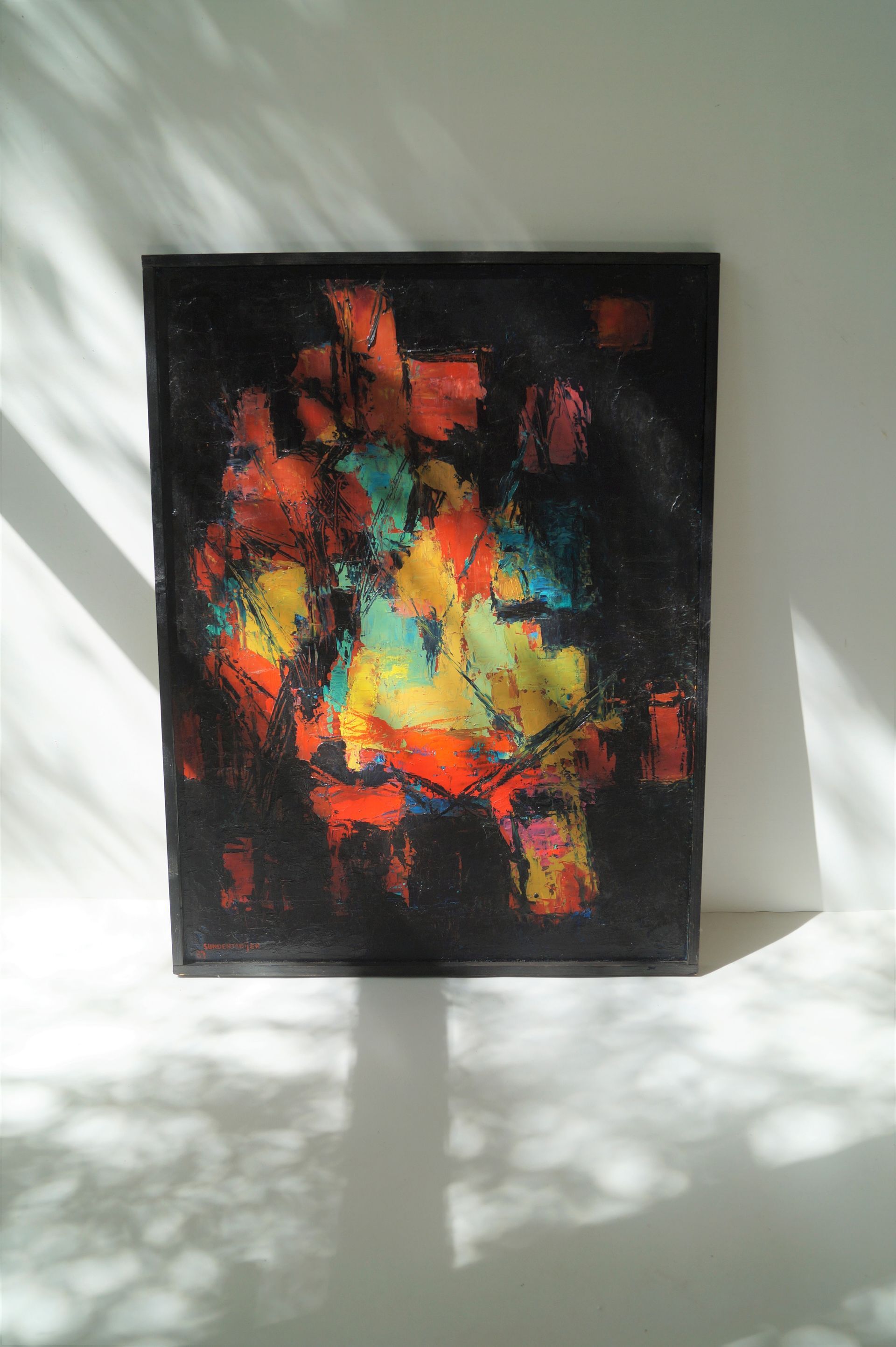 Dutch abstract painting on wooden panel  by  G. Sundermeijer, 1987