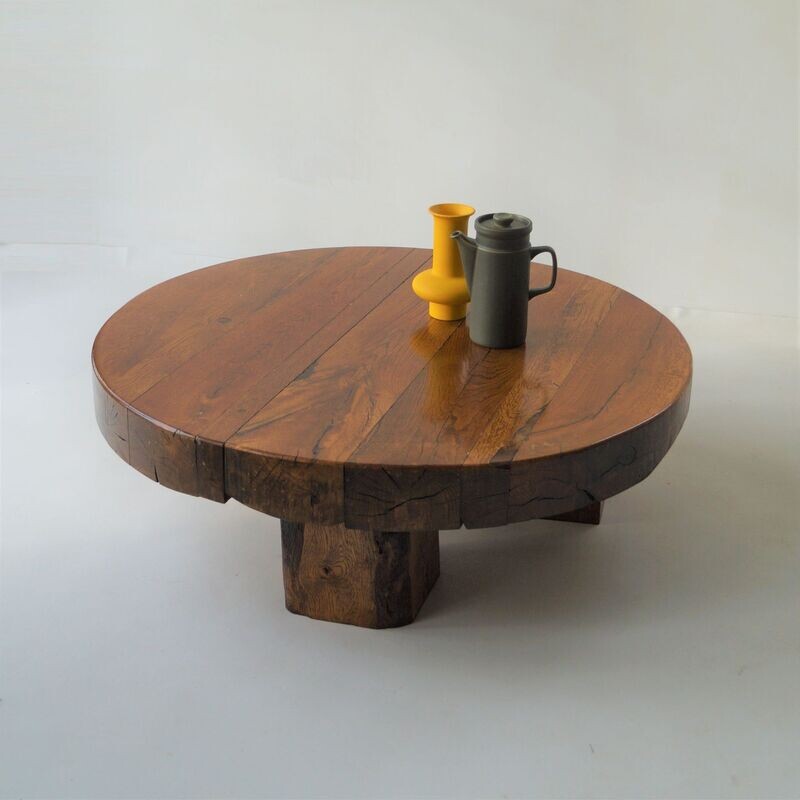 Brutalist Round Wooden Coffee Table, Netherlands, 1970s